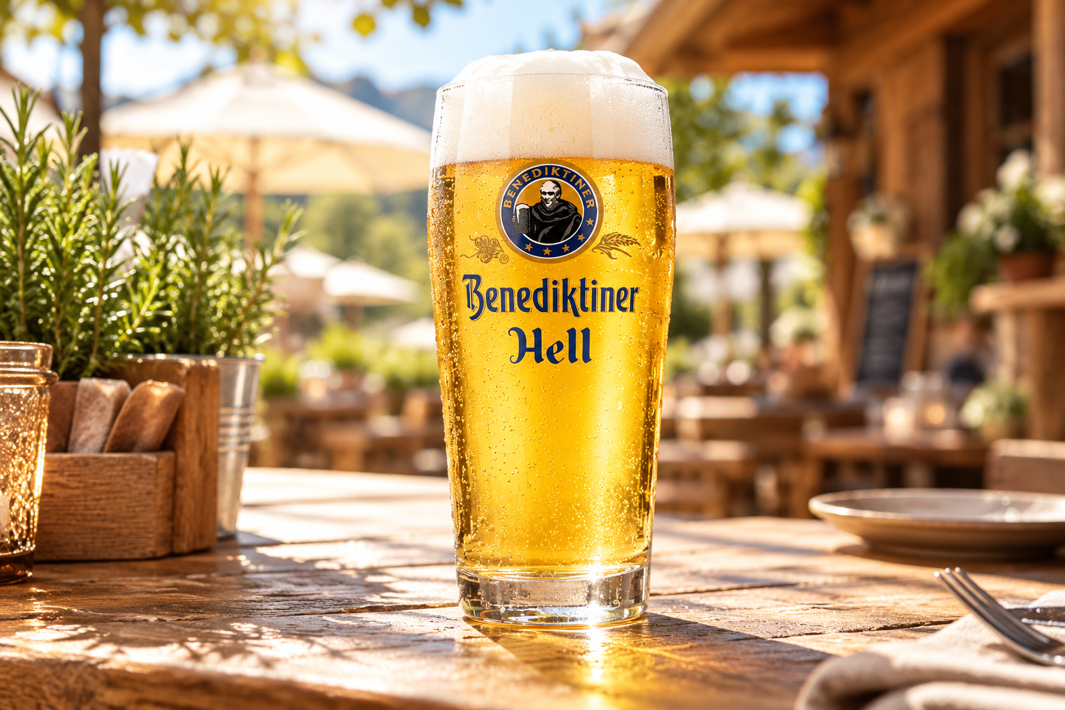 Benediktiner Hell im sonnigen Biergarten